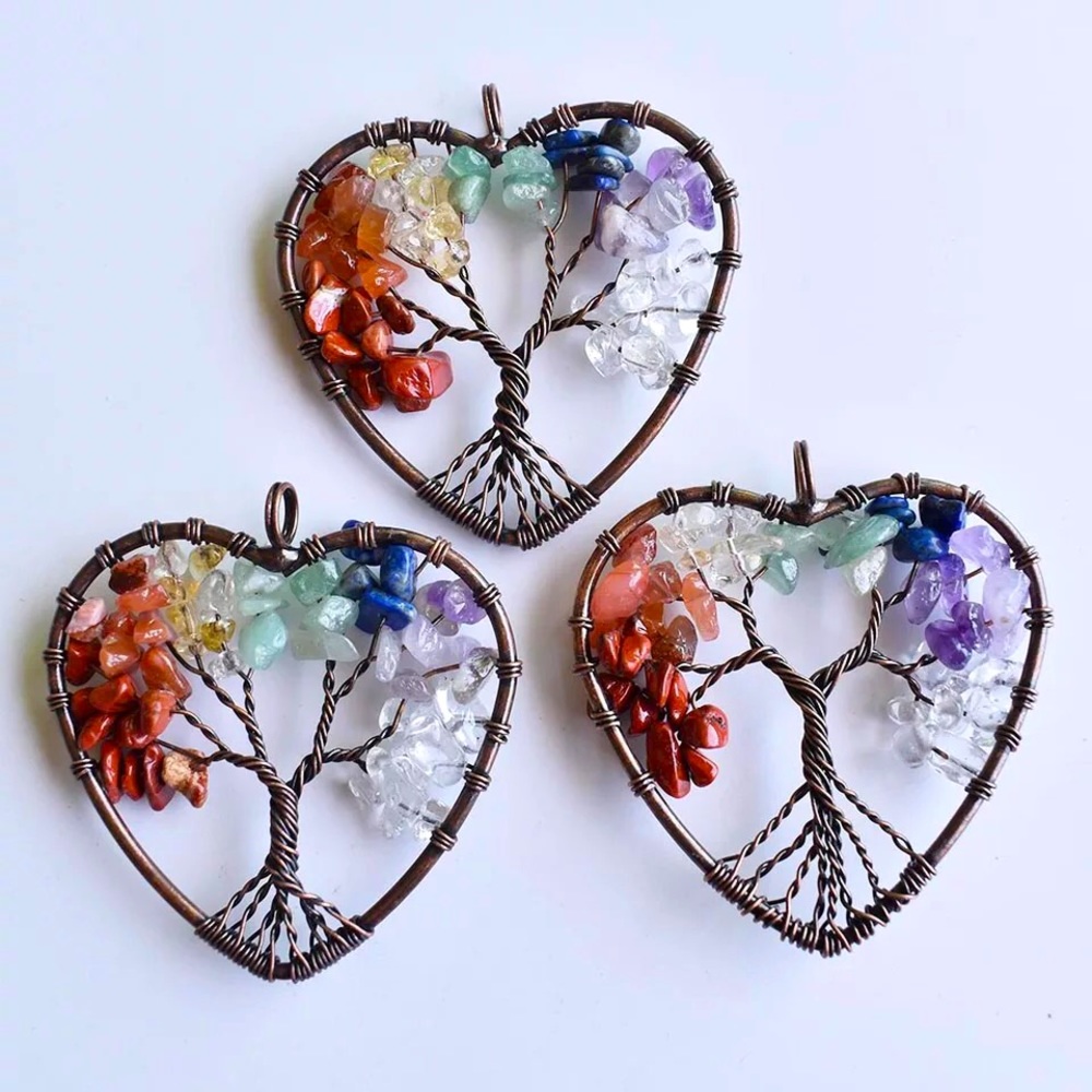 Handmade tree of life 7 chakra stone/brass pendant